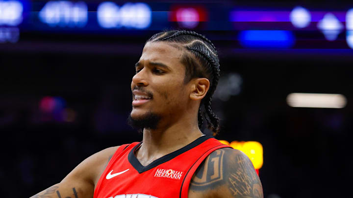 Jan 16, 2025; Sacramento, California, USA; Houston Rockets guard Jalen Green (4) reacts after a play during the fourth quarter against the Sacramento Kings at Golden 1 Center. Mandatory Credit: Sergio Estrada-Imagn Images