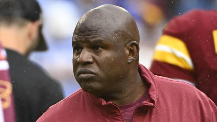 Sep 24, 2023; Landover, Maryland, USA; Washington Commanders offensive coordinator Eric Bieniemy on the field before the game against the Buffalo Bills at FedExField. Mandatory Credit: Brad Mills-Imagn Images