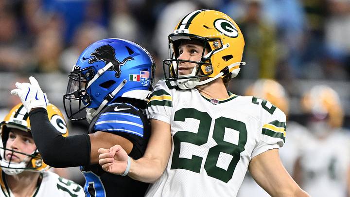 Green Bay Packers kicker Trey Smack (28) watches a field goal miss during the first quarter against the Detroit Lions at Ford Field. Green Bay Packers kicker Trey Smack (28) watches a field goal miss during the first quarter against the Detroit Lions at Ford Field.
