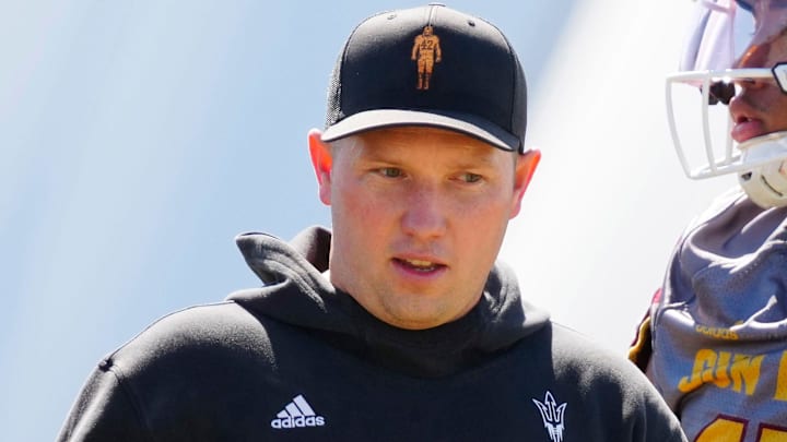 Arizona State head coach Kenny Dillingham watches his team as they run drills during a spring practice at Kajikawa practice fields in Tempe, Ariz. on April 14, 2026.