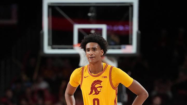 Jan 31, 2026; Los Angeles, California, USA; Southern California Trojans guard Alijah Arenas (0) reacts against the Rutgers Scarlet Knights in the second half at Galen Center. Mandatory Credit: Kirby Lee-Imagn Images Jan 31, 2026; Los Angeles, California, USA; Southern California Trojans guard Alijah Arenas (0) reacts against the Rutgers Scarlet Knights in the second half at Galen Center. Mandatory Credit: Kirby Lee-Imagn Images