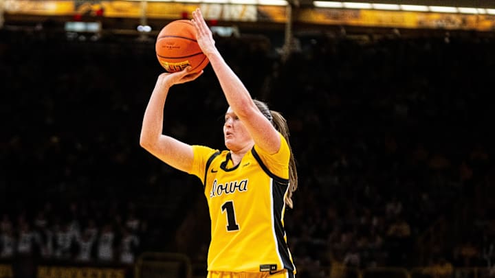 Iowa guard Taylor Stremlow (1) shoots a three-pointer during a game against Minnesota on Feb. 5, 2026, at Carver-Hawkeye Arena.