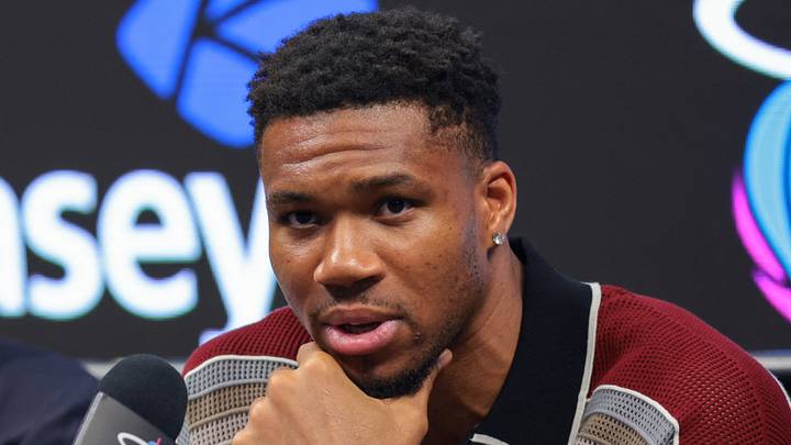 Miami Heat forward Giannis Antetokounmpo (7) speaks to reporters during his introductory press conference at Kaseya Center on Jul 16, 2026.