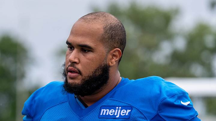 Aug 2, 2026; Allen Park, MI, USA; Detroit Lions offensive lineman Larry Borom (79) gives an interview following Detroit Lions training camp at Meijer Performance Center. Mandatory Credit: Paul Barnick-Imagn Images Aug 2, 2026; Allen Park, MI, USA; Detroit Lions offensive lineman Larry Borom (79) gives an interview following Detroit Lions training camp at Meijer Performance Center. Mandatory Credit: Paul Barnick-Imagn Images