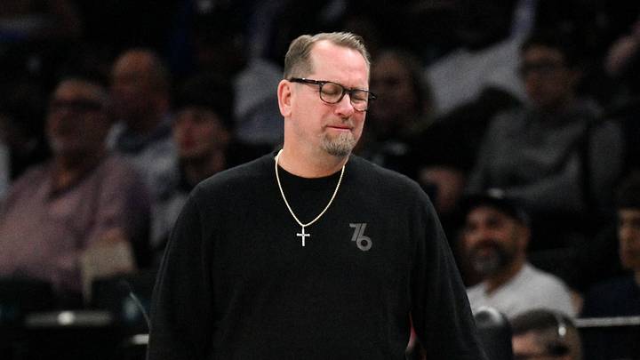 Philadelphia 76ers head coach Nick Nurse reacts during the first half against the Brooklyn Nets at Barclays Center on Oct. 8, 2026.