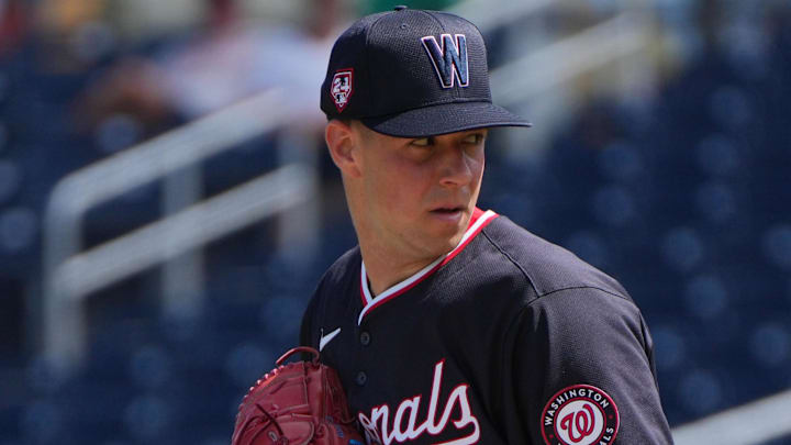 Feb 28, 2024; West Palm Beach, Florida, USA;  Washington Nationals starting pitcher Jackson Rutledge (79) pitches in the first inning against the Boston Red Sox at The Ballpark of the Palm Beaches