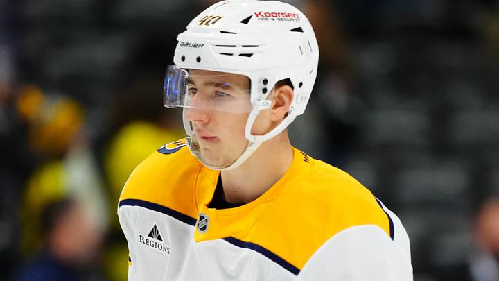 Jan 16, 2026; Denver, Colorado, USA; Nashville Predators center Fedor Svechkov (40) before the game against the Colorado Avalanche at Ball Arena. Mandatory Credit: Ron Chenoy-Imagn Images