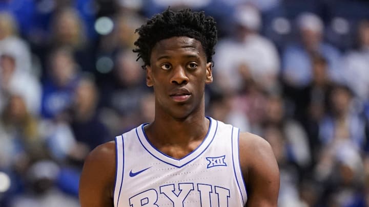 Mar 7, 2026; Provo, Utah, USA; BYU Cougars forward AJ Dybantsa (3) looks on during the first half against the Texas Tech Red Raiders at Marriott Center. Mandatory Credit: Aaron Baker-Imagn Images