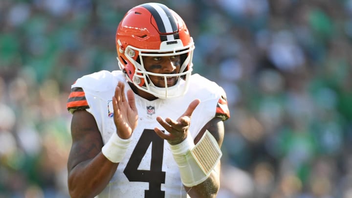 Cleveland Browns quarterback Deshaun Watson reacts to a play.