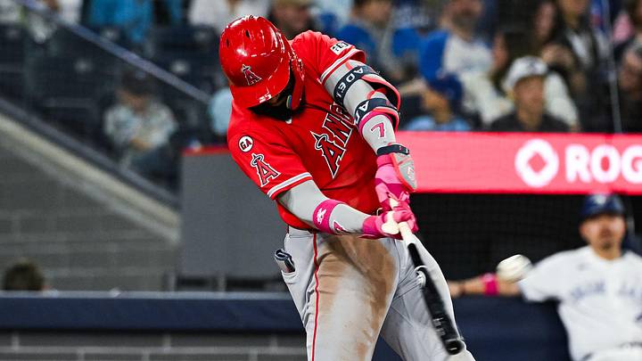 Los Angeles Angels right fielder Jo Adell (7) hits a homerun