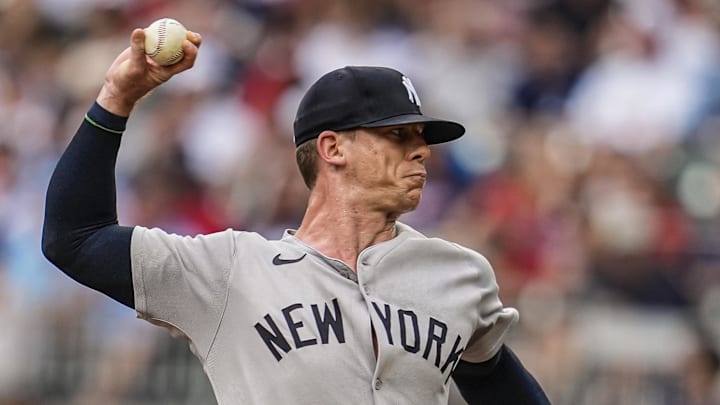 Jul 18, 2025; Cumberland, Georgia, USA; New York Yankees relief pitcher Ian Hamilton (71) pitches against the Atlanta Braves during the first inning at Truist Park. Mandatory Credit: Dale Zanine-Imagn Images Jul 18, 2025; Cumberland, Georgia, USA; New York Yankees relief pitcher Ian Hamilton (71) pitches against the Atlanta Braves during the first inning at Truist Park. Mandatory Credit: Dale Zanine-Imagn Images
