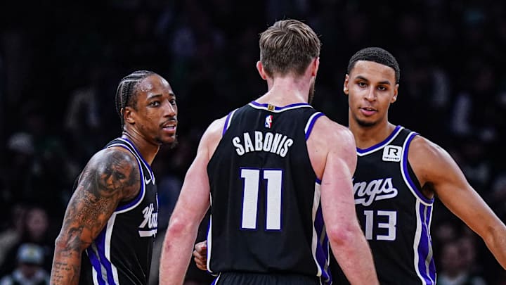 Jan 10, 2025; Boston, Massachusetts, USA; Sacramento Kings forward DeMar DeRozan (10), forward Keegan Murray (13) and forward Domantas Sabonis (11) react after defeating the Boston Celtics at TD Garden. Mandatory Credit: David Butler II-Imagn Images Jan 10, 2025; Boston, Massachusetts, USA; Sacramento Kings forward DeMar DeRozan (10), forward Keegan Murray (13) and forward Domantas Sabonis (11) react after defeating the Boston Celtics at TD Garden. Mandatory Credit: David Butler II-Imagn Images