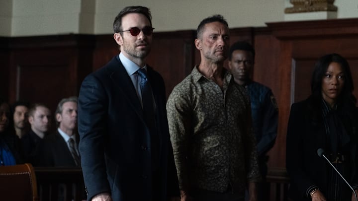 (L-R): Matt Murdock (Charlie Cox), Hector Ayala / White Tiger (Kamar de los Reyes) and Kirsten McDuffie, ADA (Niki M. James) in Marvel Television's DAREDEVIL: BORN AGAIN, exclusively on Disney+. Photo by Giovanni Rufino. © 2025 MARVEL.