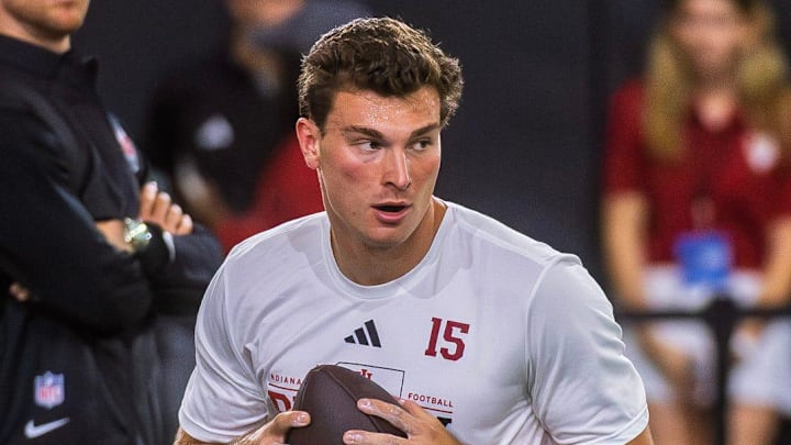 Fernando Mendoza participates in Indiana University's Pro Day at Mellencamp Pavilion on Wednesday, April 1, 2026.