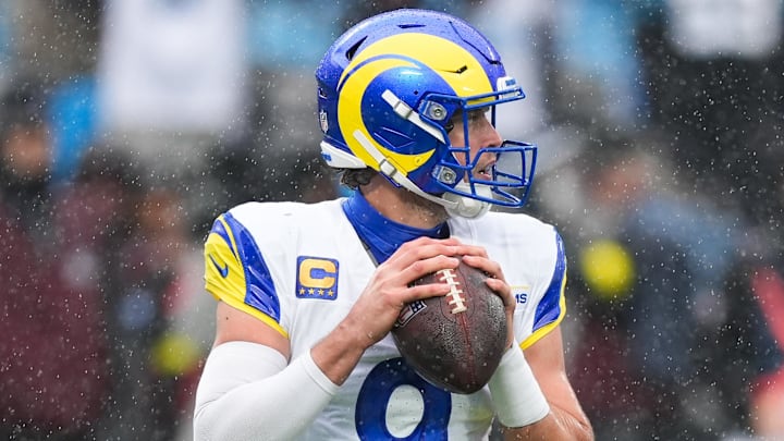 Nov 30, 2025; Charlotte, North Carolina, USA; Los Angeles Rams quarterback Matthew Stafford (9) looks to pass during the fourth quarter against the Carolina Panthers at Bank of America Stadium. Mandatory Credit: Jim Dedmon-Imagn Images