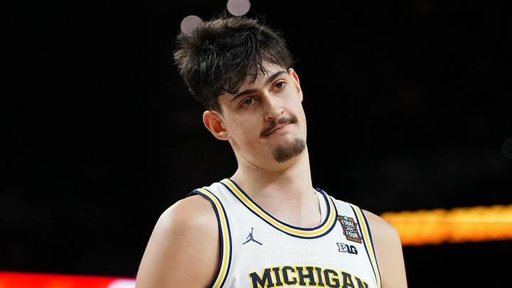 Apr 6, 2026; Indianapolis, IN, USA; Michigan Wolverines center Aday Mara (15) reacts after a play against the UConn Huskies during the first half in the national championship of the Final Four of the men's 2026 NCAA Tournament between the  and the Michigan Wolverines at Lucas Oil Stadium. Mandatory Credit: Bob Donnan-Imagn Images