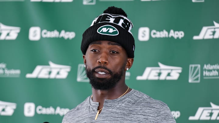 Florham Park, NJ, USA; New York Jets quarterback Tyrod Taylor (2) speaks to the media during training camp at Atlantic Health Jets Training Center.