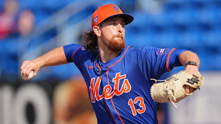 Mar 15, 2024; Port St. Lucie, Florida, USA; New York Mets pitcher Nolan McLean participates in the Spring Breakout game against the Washington Nationals at Clover Park. Mandatory Credit: Jim Rassol-Imagn Images