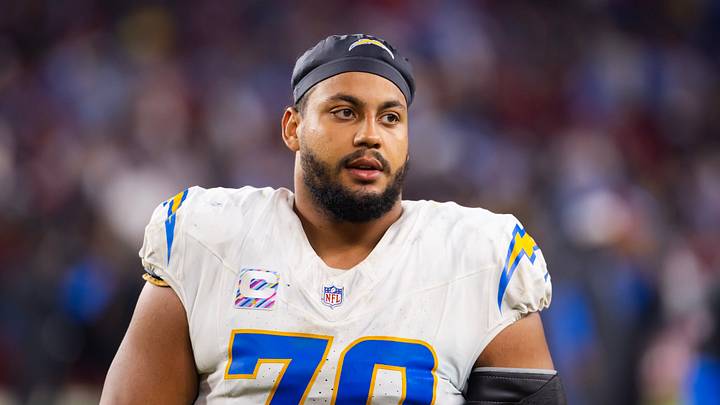 Oct 21, 2024; Glendale, Arizona, USA; Los Angeles Chargers offensive tackle Rashawn Slater (70) against the Arizona Cardinals at State Farm Stadium. Mandatory Credit: Mark J. Rebilas-Imagn Images