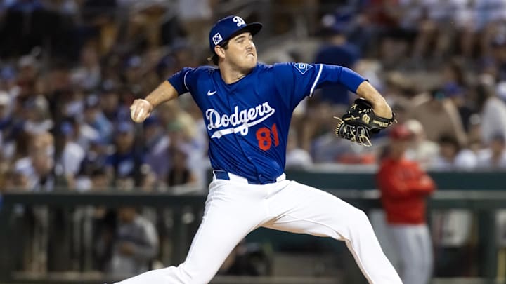 Feb 28, 2025; Phoenix, Arizona, USA; Los Angeles Dodgers pitcher Jack Little against the Los Angeles Angels during a spring training game at Camelback Ranch-Glendale. Mandatory Credit: Mark J. Rebilas-Imagn Images