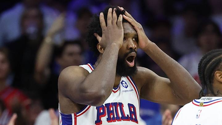May 8, 2026; Philadelphia, Pennsylvania, USA; Philadelphia 76ers center Joel Embiid (21) reacts next to guard Tyrese Maxey (0) after a foul call during the third quarter of game three of the second round of the 2026 NBA Playoffs against the New York Knicks at Xfinity Mobile Arena. Mandatory Credit: Bill Streicher-Imagn Images