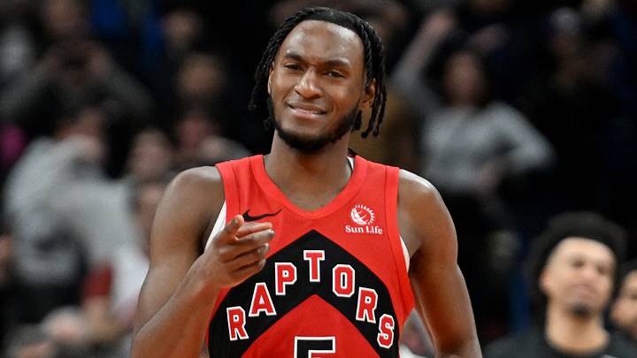 Mar 3, 2024; Toronto, Ontario, CAN;  Toronto Raptors guard Immanuel Quickley (5) reacts after a basket against the Charlotte Hornets in the second half at Scotiabank Arena. Mandatory Credit: Dan Hamilton-USA TODAY Sports
