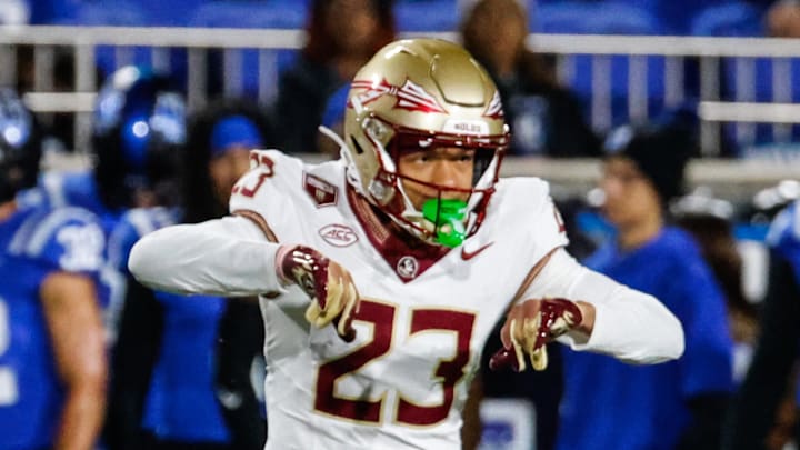 Oct 18, 2024; Durham, North Carolina, USA; Florida State Seminoles defensive back Fentrell Cypress II (23) celebrates a down during the first half of the game against Duke Blue Devils at Wallace Wade Stadium. Mandatory Credit: Jaylynn Nash-Imagn Images Oct 18, 2024; Durham, North Carolina, USA; Florida State Seminoles defensive back Fentrell Cypress II (23) celebrates a down during the first half of the game against Duke Blue Devils at Wallace Wade Stadium. Mandatory Credit: Jaylynn Nash-Imagn Images