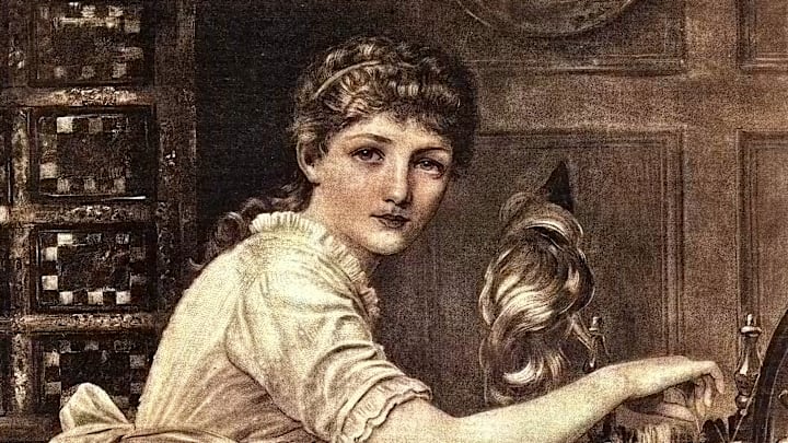 A woman spins at a loom in a sepia-print drawing