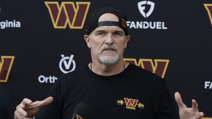 Jun 5, 2024; Ashburn, VA, USA; Washington Commanders head coach Dan Quinn speaks with the media prior to an OTA workout at Commanders Park. Mandatory Credit: Geoff Burke-USA TODAY Sports