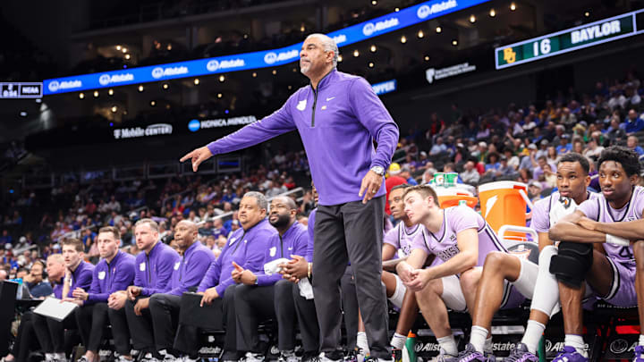 Mar 12, 2025; Kansas City, MO, USA; Kansas State Wildcats coach Jerome Tang on the sidelines during the first half against the Baylor Bears at T-Mobile Center. Mandatory Credit: William Purnell-Imagn Images