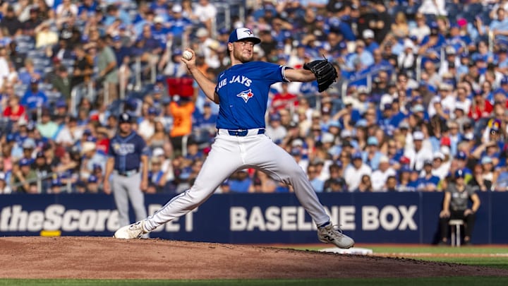 Toronto Blue Jays pitcher Trey Yesavage delivers a pitch against the Tampa Bay Rays during the fifth inning at Rogers Centre. Toronto Blue Jays pitcher Trey Yesavage delivers a pitch against the Tampa Bay Rays during the fifth inning at Rogers Centre.