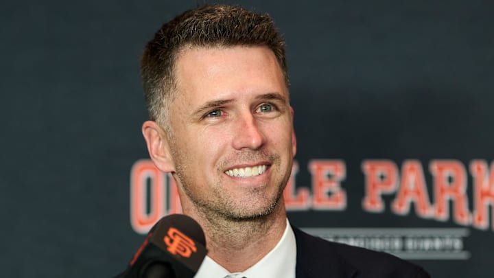Dec 12, 2024; San Francisco, CA, USA; San Francisco Giants president of baseball operations Buster Posey speaks during the introductory press conference for shortstop Willy Adames (not pictured) at Oracle Park.  