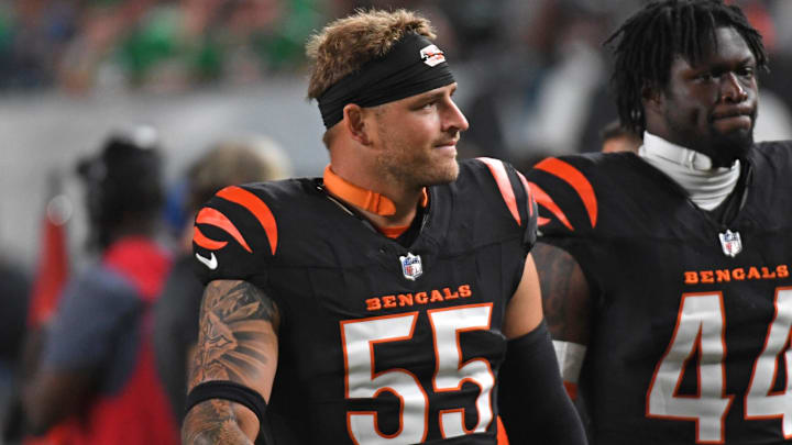 Aug 7, 2025; Philadelphia, Pennsylvania, USA; Cincinnati Bengals linebacker Logan Wilson (55) and linebacker Demetrius Knight Jr. (44) walk off the field at halftime against the Philadelphia Eagles at Lincoln Financial Field. Mandatory Credit: Eric Hartline-Imagn Images Aug 7, 2025; Philadelphia, Pennsylvania, USA; Cincinnati Bengals linebacker Logan Wilson (55) and linebacker Demetrius Knight Jr. (44) walk off the field at halftime against the Philadelphia Eagles at Lincoln Financial Field. Mandatory Credit: Eric Hartline-Imagn Images