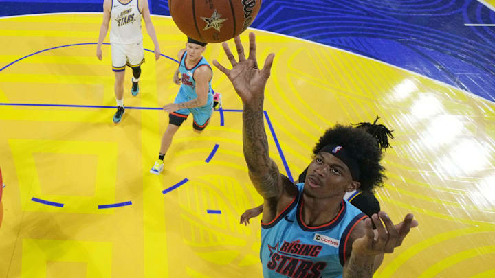 February 14, 2025; San Francisco, California, USA; Team G-League guard Dink Pate (1) of the Mexico City Capitanes shoots the ball against Team C during the 2025 NBA Rising Stars Game at Chase Center. Mandatory Credit: Kyle Terada-Imagn Images