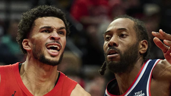 Portland Trail Blazers forward Toumani Camara drives to the basket against LA Clippers forward Kawhi Leonard.