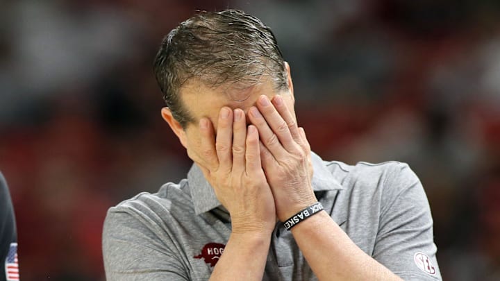 Arkansas Razorbacks coach Eric Musselman reacts to a call in a game Feb. 27, 2024, against the Vanderbilt Commodores at Bud Walton Arena in Fayetteville, Ark. Arkansas Razorbacks coach Eric Musselman reacts to a call in a game Feb. 27, 2024, against the Vanderbilt Commodores at Bud Walton Arena in Fayetteville, Ark.