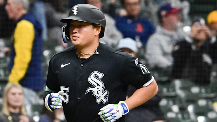 Mar 26, 2026; Milwaukee, Wisconsin, USA;  Chicago White Sox first baseman Munetaka Murakami (5) runs the bases after hitting a solo home tun in the ninth inning against the Milwaukee Brewers at American Family Field. Mandatory Credit: Benny Sieu-Imagn Images