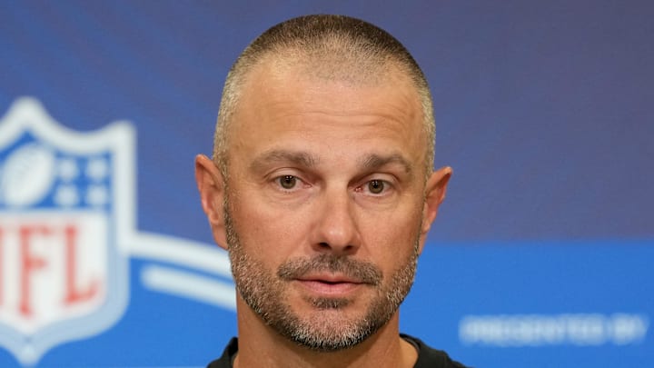 Feb 24, 2026; Indianapolis, IN, USA; Las Vegas Raiders general manager John Spytek speaks at the NFL Scouting Combine at the Indiana Convention Center. Mandatory Credit: Kirby Lee-Imagn Images
