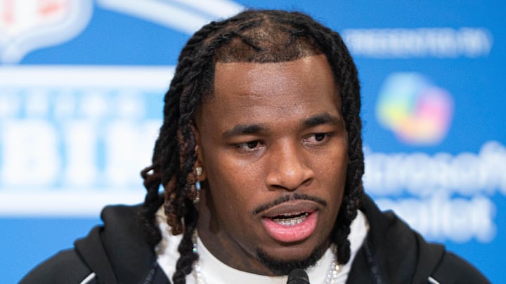 Feb 27, 2026; Indianapolis, IN, USA; Washington running back Jonah Coleman (RB04) speaks to members of the media during the NFL Combine at the Indiana Convention Center. Mandatory Credit: Jacob Musselman-Imagn Images