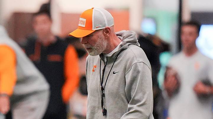 Tennessee defensive coordinator Jim Knowles during the Vols' first spring football practice in Knoxville on March 16, 2026.