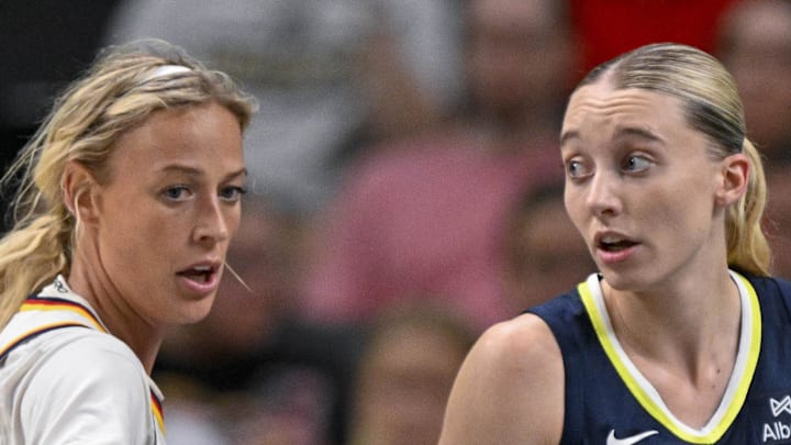 Dallas Wings guard Paige Bueckers and Indiana Fever guard Sophie Cunningham.