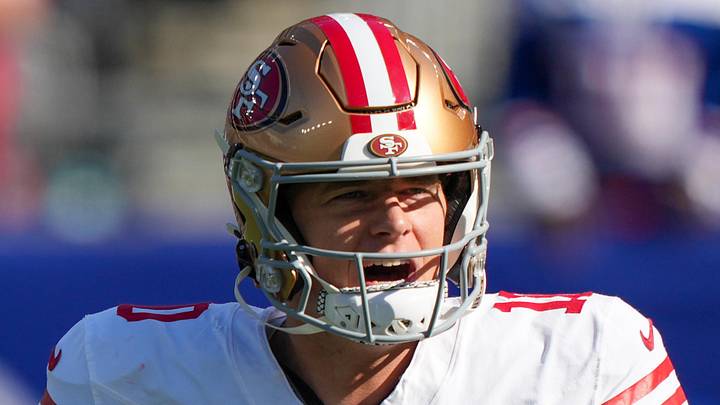 Nov 2, 2025; East Rutherford, New Jersey, USA; San Francisco 49ers quarterback Mac Jones (10) warms up prior to a game against the New York Giants at MetLife Stadium. Mandatory Credit: Robert Deutsch-Imagn Images