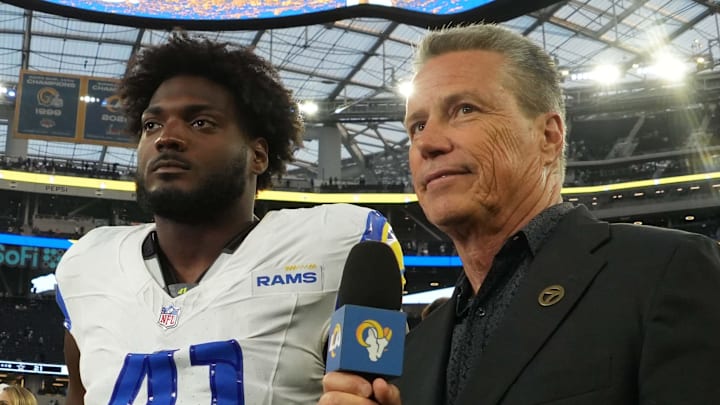 Aug 9, 2025; Inglewood, California, USA; ABC7 Eyewitness news sports anchor Curt Sandoval interviews Los Angeles Rams linebacker Josaiah Stewart (41) after the game against the Dallas Cowboys at SoFi Stadium. Mandatory Credit: Kirby Lee-Imagn Images