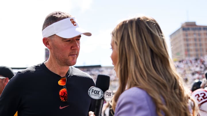 Sep 30, 2023; Boulder, Colorado, USA; USC Trojans head coach Lincoln Riley speaks to media after the game against the Colorado Buffaloes at Folsom Field.