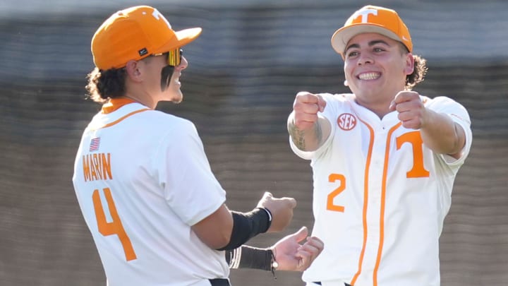 Tennessee's Manny Marin (4) and Tennessee's Ariel Antigua (2) before a baseball game between Tennessee and Kent State in Lindsey Nelson Stadium in Knoxville, Tennessee, Feb. 20, 2026.