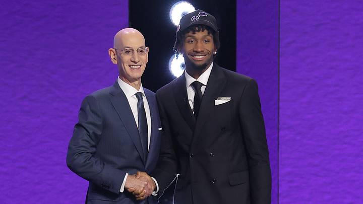 Jun 23, 2026; New York, NY, USA; NBA commissioner Adam Silver greets the second pick in the 2026 NBA draft, Kansas guard Darryn Peterson after he was selected by the Utah Jazz at Barclays Center. Mandatory Credit: Brad Penner-Imagn Images Jun 23, 2026; New York, NY, USA; NBA commissioner Adam Silver greets the second pick in the 2026 NBA draft, Kansas guard Darryn Peterson after he was selected by the Utah Jazz at Barclays Center. Mandatory Credit: Brad Penner-Imagn Images