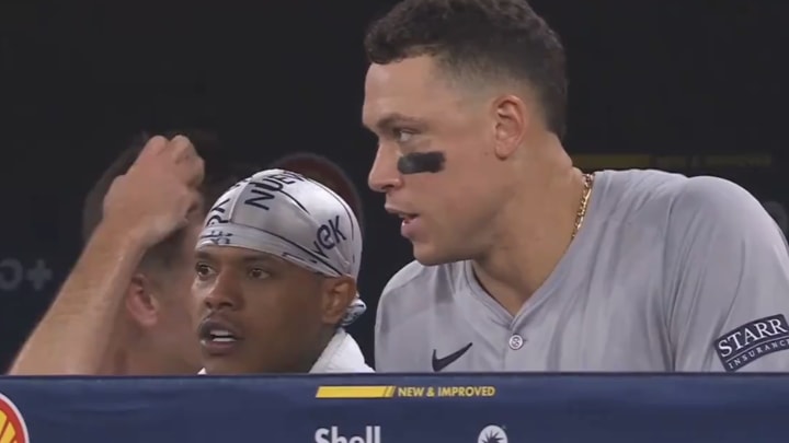 Yankees outfielder Aaron Judge talks to Marcus Stroman midgame