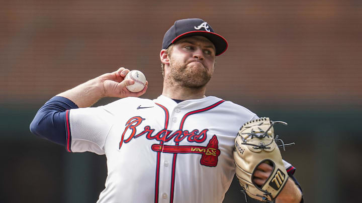 Sep 24, 2025; Cumberland, Georgia, USA; Atlanta Braves starting pitcher Bryce Elder (55) pitches against the Washington Nationals during the first inning at Truist Park. Mandatory Credit: Dale Zanine-Imagn Images