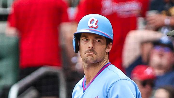 Jun 6, 2026; Cumberland, Georgia, USA; Atlanta Braves left fielder Mike Yastrzemski (18) looks at home plate umpire Paul Clemons after a challenge called against the Pittsburgh Pirates during the first inning at Truist Park. Mandatory Credit: Jordan Godfree-Imagn Images