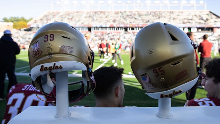 Nov 1, 2025; Chestnut Hill, Massachusetts, USA; Boston College Eagles helmets before the game against the Notre Dame Fighting Irish at Alumni Stadium. Mandatory Credit: Edward Finan-Imagn Images Nov 1, 2025; Chestnut Hill, Massachusetts, USA; Boston College Eagles helmets before the game against the Notre Dame Fighting Irish at Alumni Stadium. Mandatory Credit: Edward Finan-Imagn Images